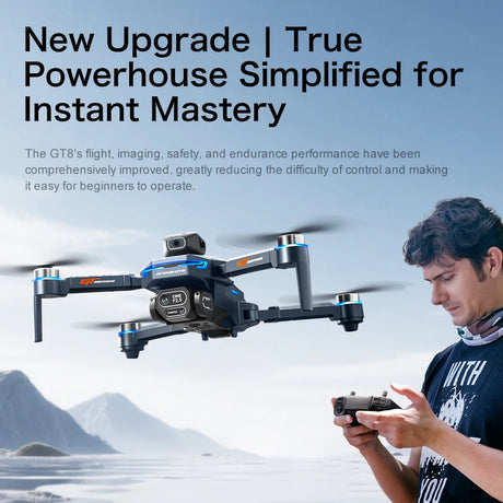 Man operating a drone with promotional text about its upgrade and ease of use.