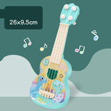 Children's toy guitar with dinosaur design on a green background
