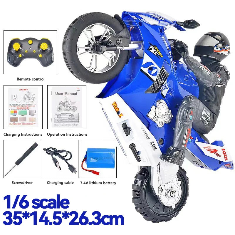 Blue and white toy motorcycle with remote control, accessories, and specifications on a white background