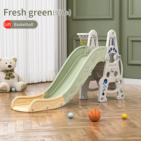 Children's play slide with basketball hoop and balls on a wooden floor.
