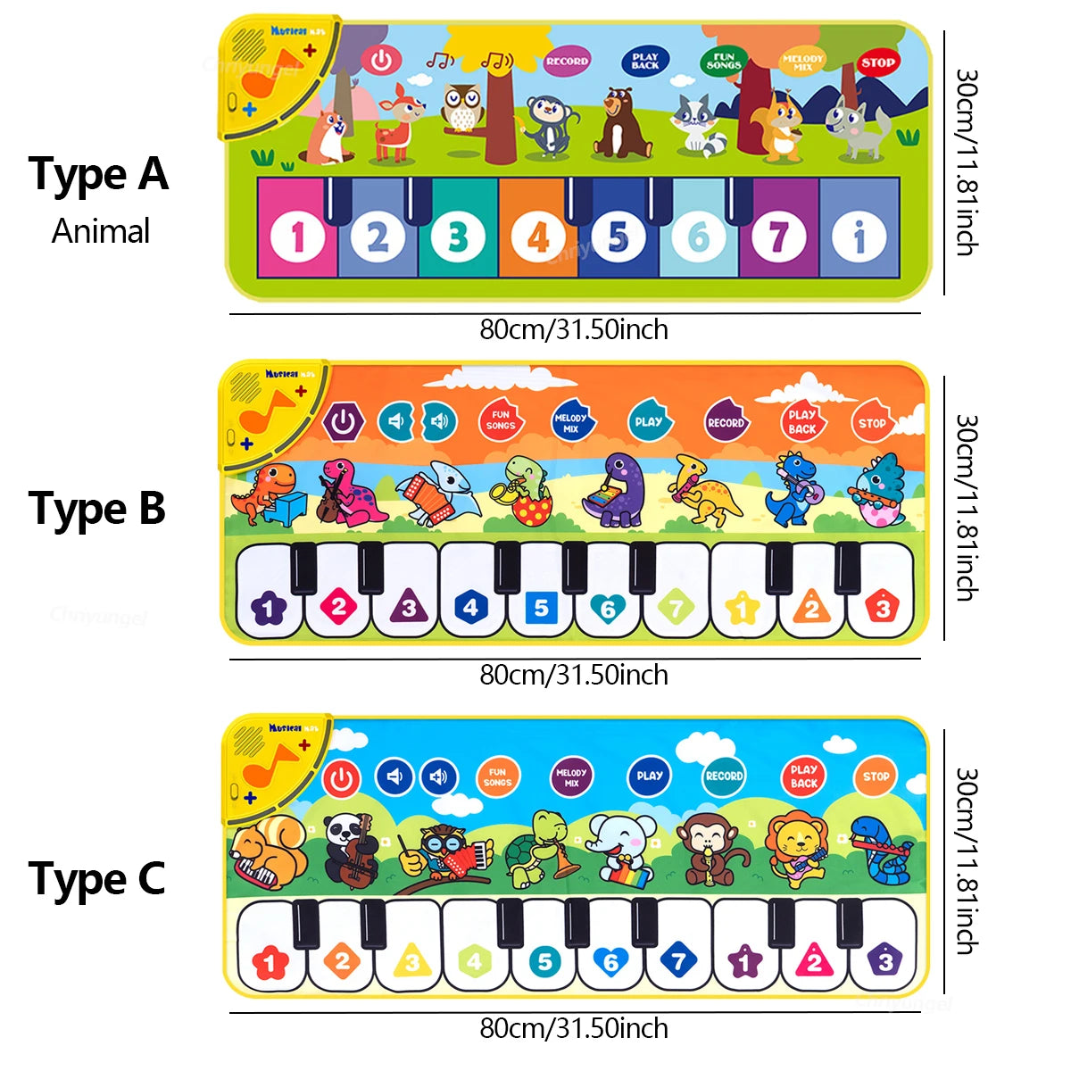 Three types of children's educational toys with animal illustrations and keyboard-like designs.