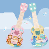 Two colorful toy guitars with cartoon characters on a blue background