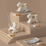 Set of children's toys including a rocking horse, scooter, trolley, and balance bike on a beige platform.