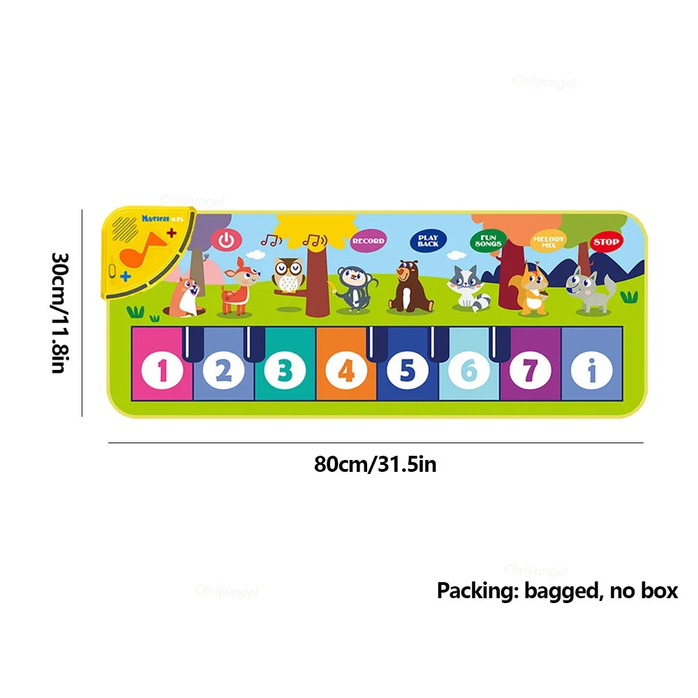 Children's toy piano with cartoon characters and keyboard numbers, shown with dimensions and packaging information.