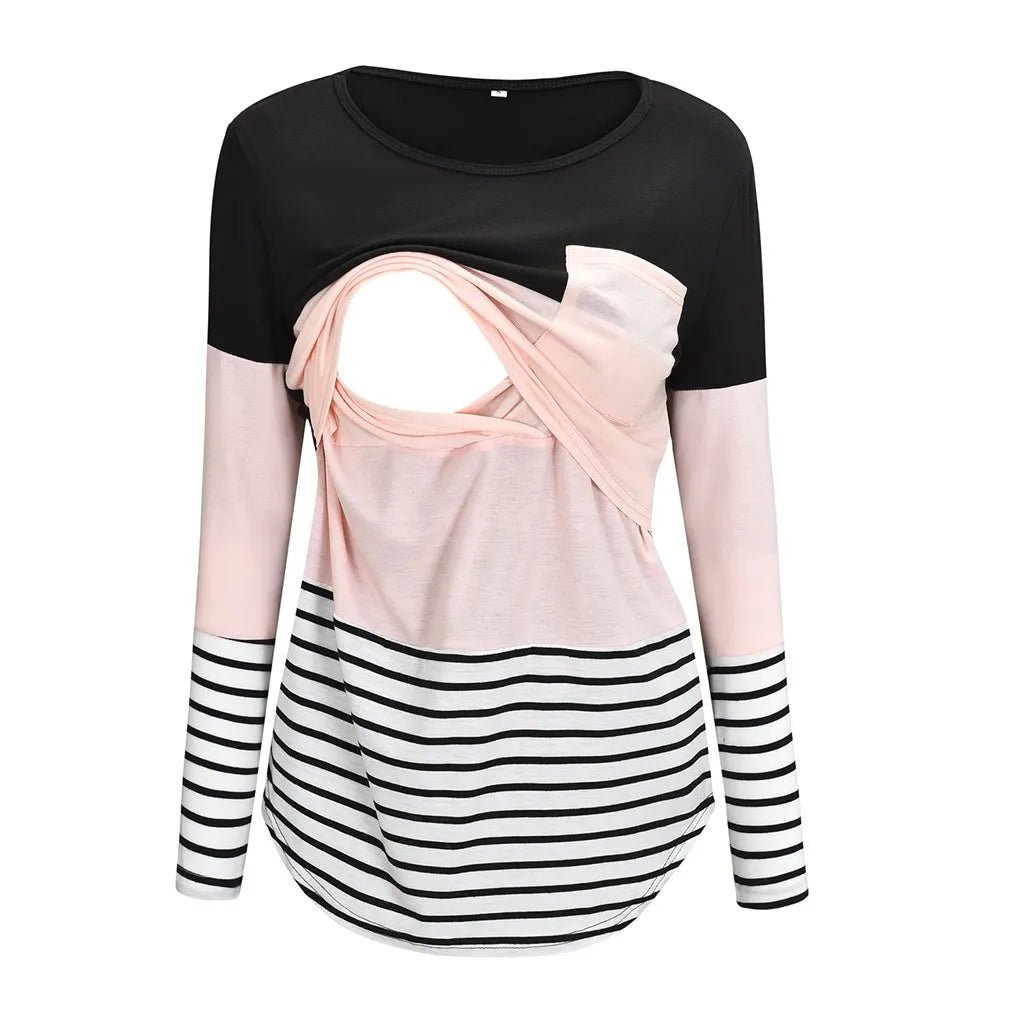 Black, pink, and striped long-sleeve top on a white background