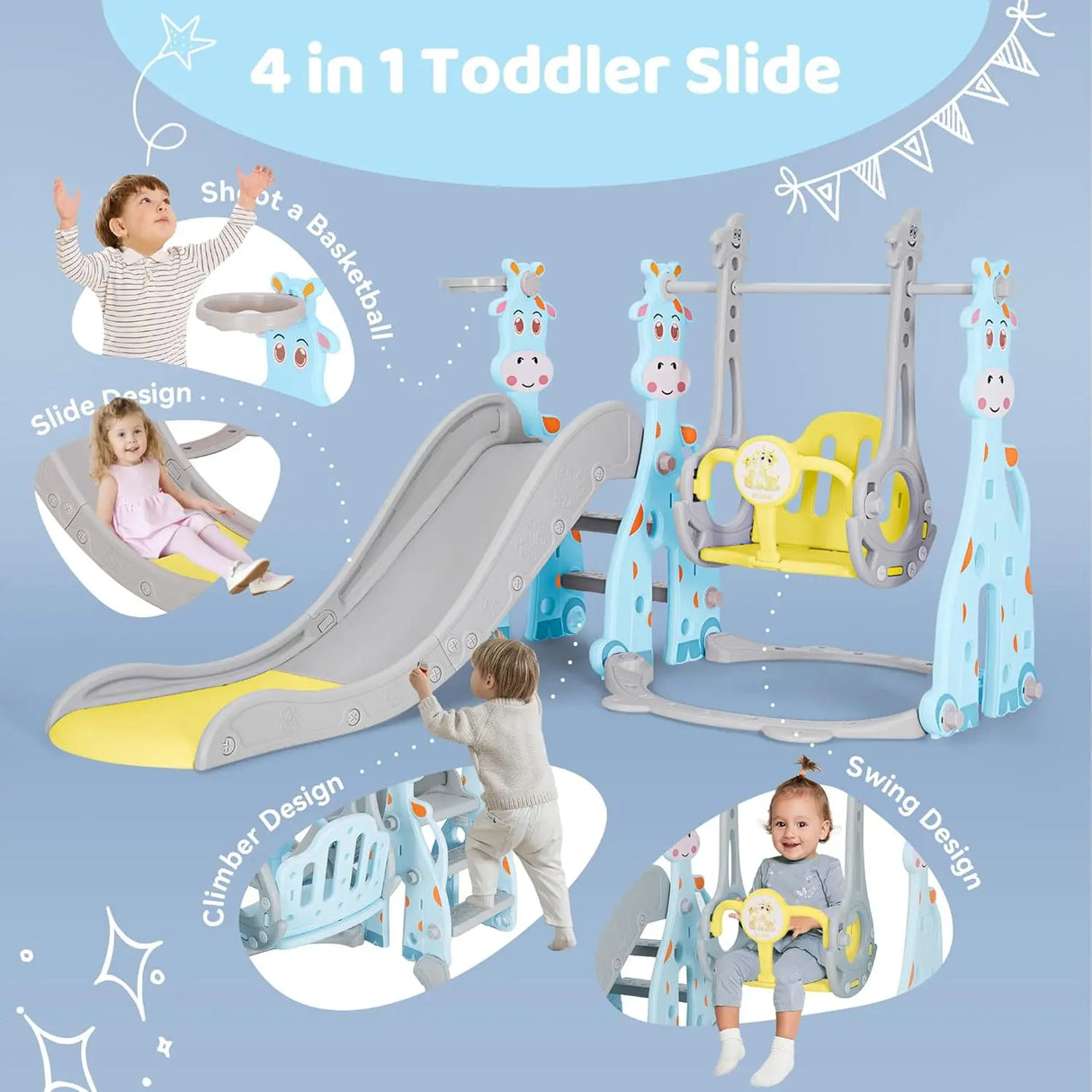 4-in-1 toddler slide with climber, swing, and basketball hoop on a blue background