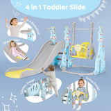 4-in-1 toddler slide with climber, swing, and basketball hoop on a blue background