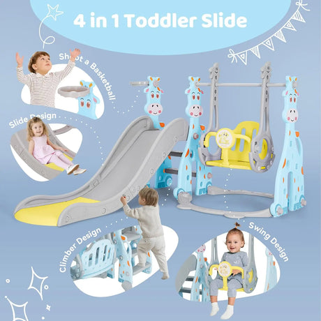 4-in-1 toddler slide with climber, swing, and basketball hoop on a blue background