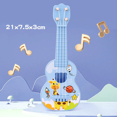 Toy guitar with cartoon characters on a blue background with musical notes