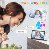 Woman interacting with a baby monitor showing a baby and 'Two-Way Talk' text.