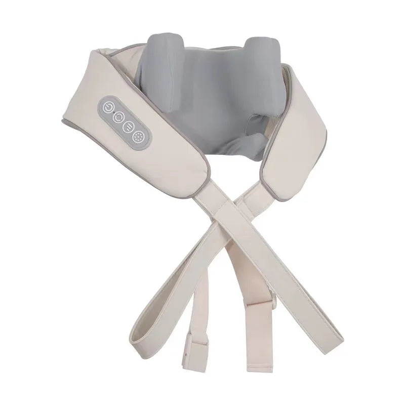 Neck and shoulder massager with beige and gray design on a white background