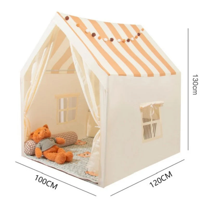 Children's play tent with striped roof and teddy bear inside, dimensions shown.
