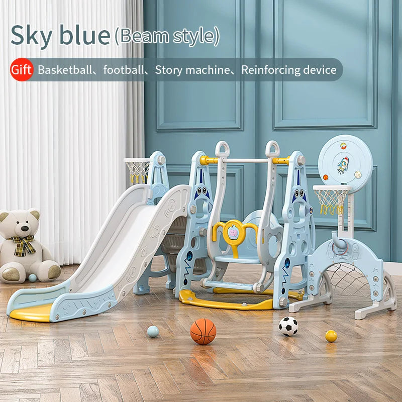 Children's play set with slide and swing in a room with a teddy bear and sports balls.