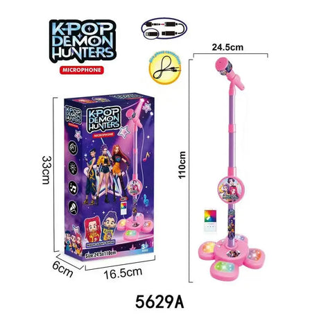 KPOP Demon Hunters toy microphone set with packaging and dimensions on a white background