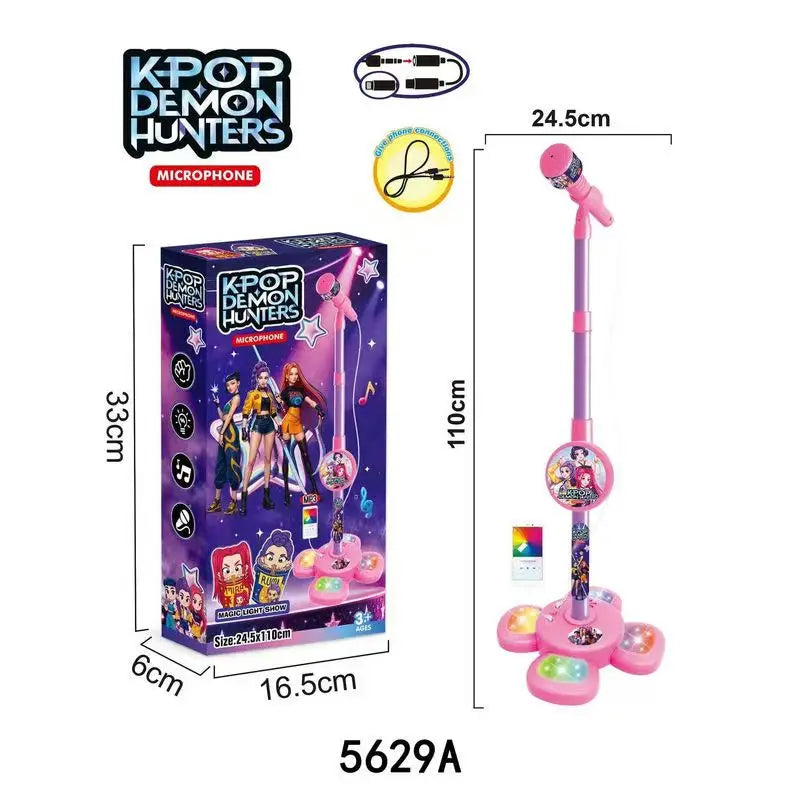 KPOP Demon Hunters toy microphone set with packaging and dimensions on a white background
