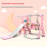 Pink giraffe-themed children's play structure with slide, swing, and other features on a pink background.