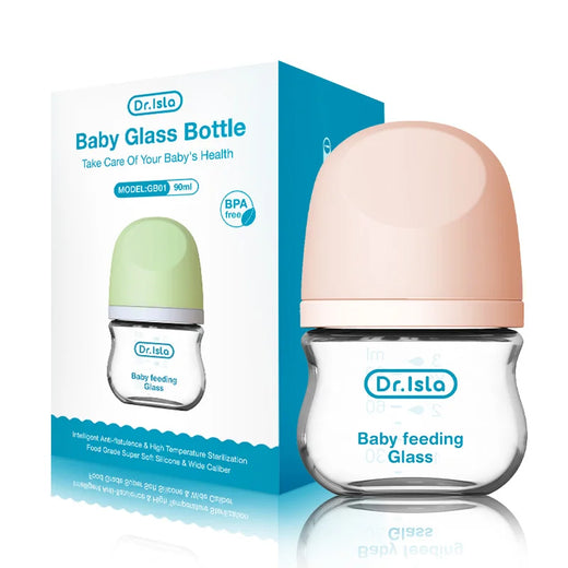 Dr. Isla baby feeding glass bottle with packaging on a white background