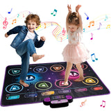 Two children dancing on a colorful dance mat with music notes around them.