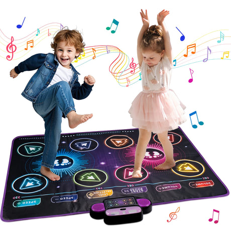 Two children dancing on a colorful dance mat with music notes around them.