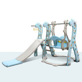 Children's playground equipment with slide and swing set on a white background