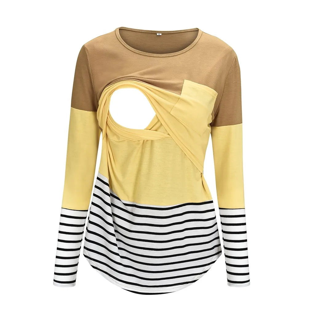 Long-sleeve top with brown, yellow, and striped design on a white background