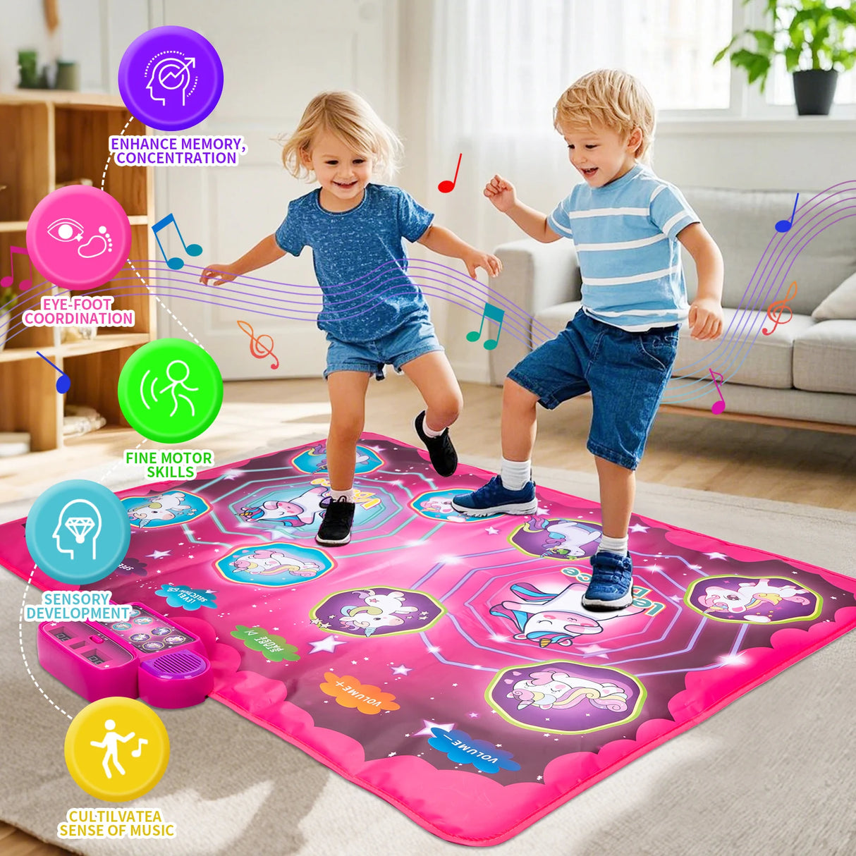 Two children playing on a pink interactive dance mat in a living room.