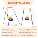 Children's swing set with measurements and product parameters on a white background