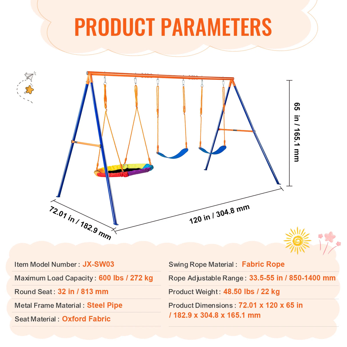 Children's swing set with product parameters on a light background