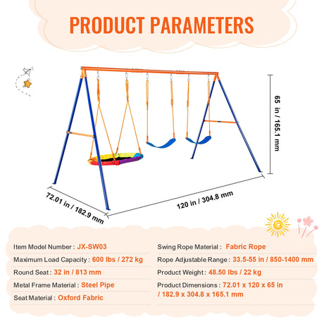 Children's swing set with product parameters on a light background