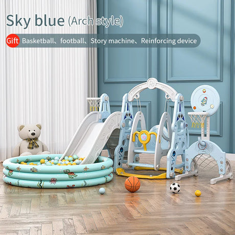 Children's play area with sky blue arch-style play set, slide, and toys on a wooden floor.