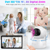 Baby monitor with wide-angle lens, digital zoom, and a woman interacting with a child.