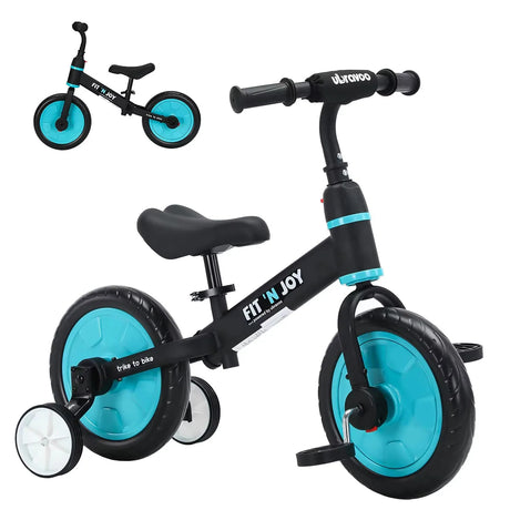 Children's balance bike with turquoise wheels and black frame on a white background