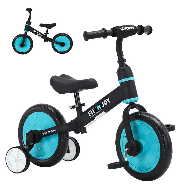 Children's balance bike with turquoise wheels and black frame on a white background