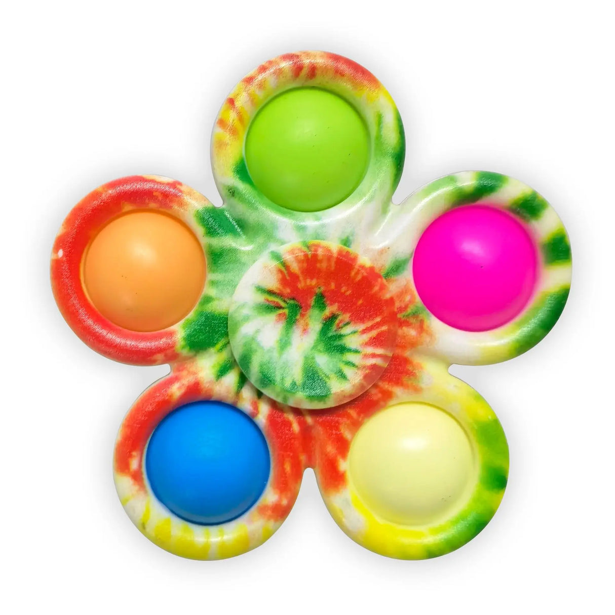 Colorful tie-dye fidget spinner with six different colored dots on a white background
