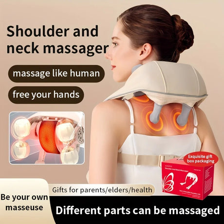 Woman using a shoulder and neck massager with text highlighting its features.