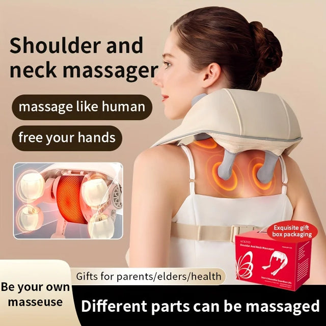 Woman using a shoulder and neck massager with text highlighting its features.