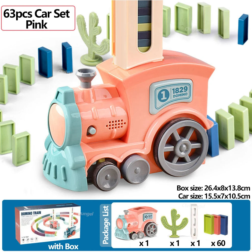 Pink toy train set with dominoes on a white background