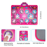Pink dance mat with unicorn designs, features listed below.