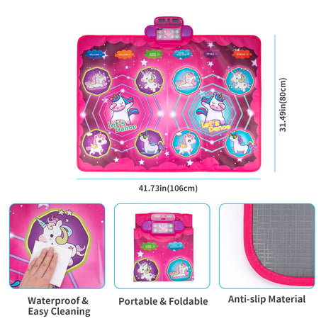 Pink dance mat with unicorn designs, features listed below.