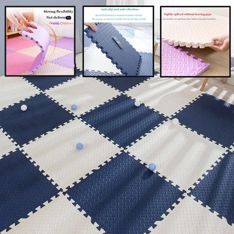 Checkered pattern of blue and white interlocking foam mats on a floor.