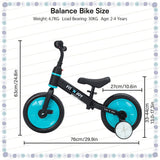 Balance bike with dimensions and specifications on a white background