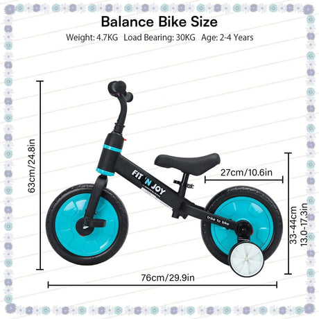 Balance bike with dimensions and specifications on a white background