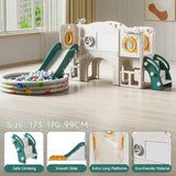 Children's play structure with slides and ball pit on a wooden floor.