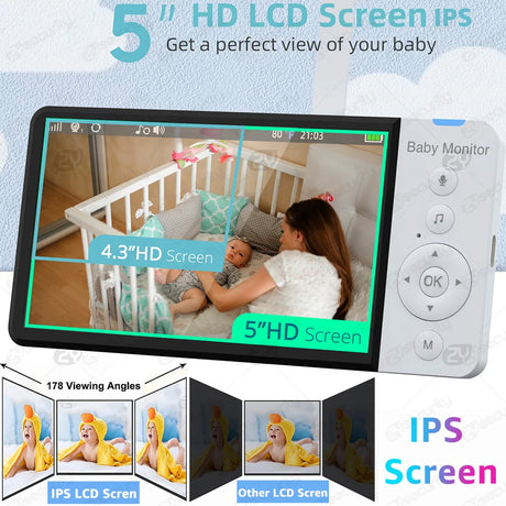 Baby monitor with 5-inch HD LCD screen displaying a baby in a crib, with a remote control on a light blue background.