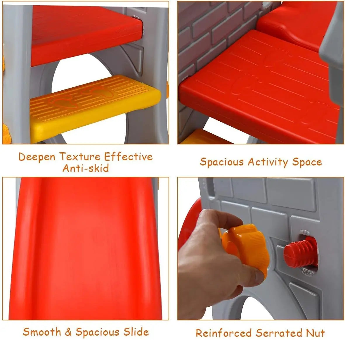 Collage of a red and yellow toy slide with features highlighted.