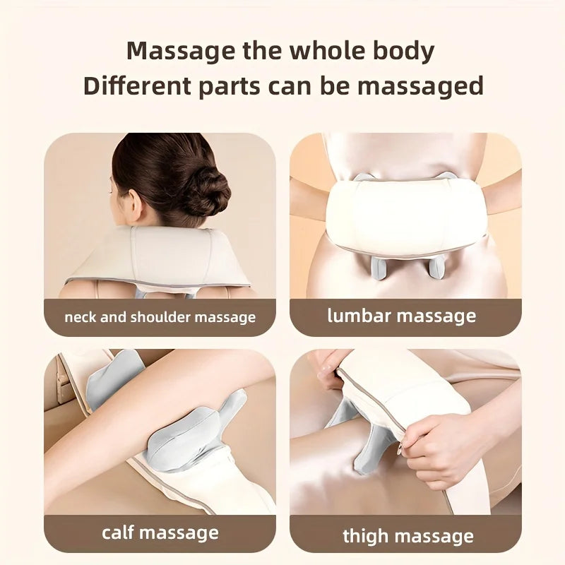 Massage device being used on neck, shoulder, lumbar, calf, and thigh areas with text indicating different massage parts.