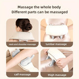 Massage device being used on neck, shoulder, lumbar, calf, and thigh areas with text indicating different massage parts.