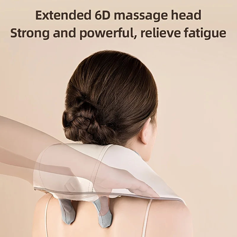Person using a neck and shoulder massager with text highlighting its features.