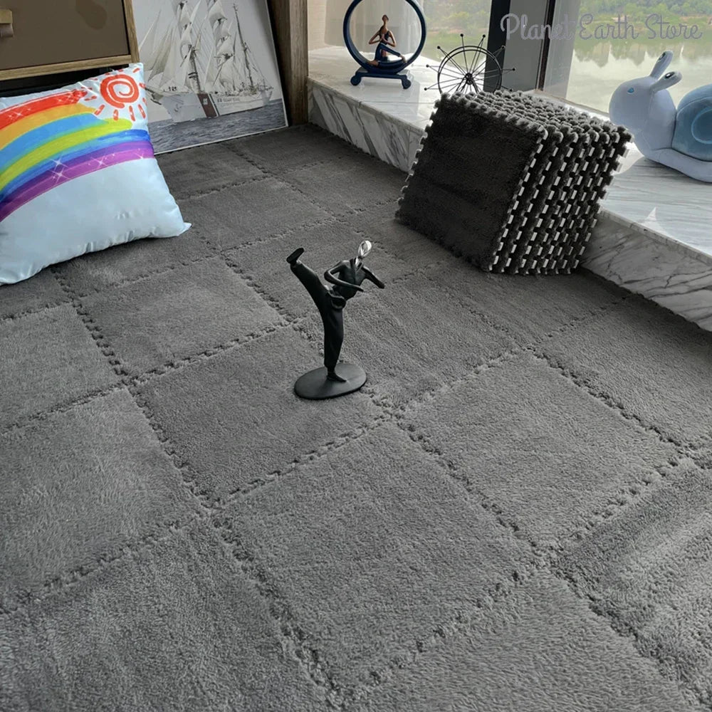 Gray carpet with a decorative figure on a textured surface