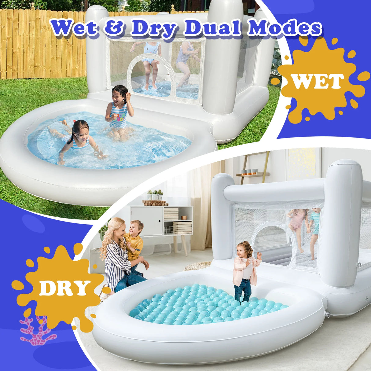 Inflatable play structure with wet and dry modes, children playing inside and outside.